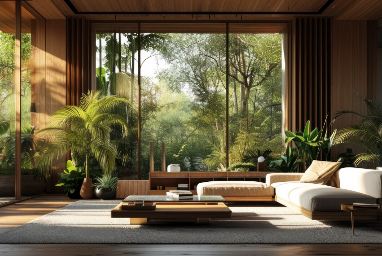Arquitectura de diseño biofílico con grandes ventanales y naturaleza