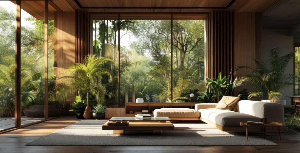 Arquitectura de diseño biofílico con grandes ventanales y naturaleza